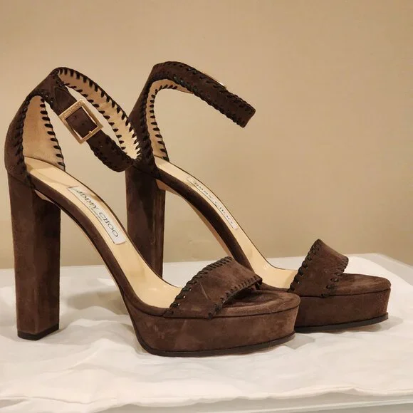 Excellent EU39 Jimmy Choo Platform Sandal Holly Chocolate Brown Suede - Picture 11 of 11